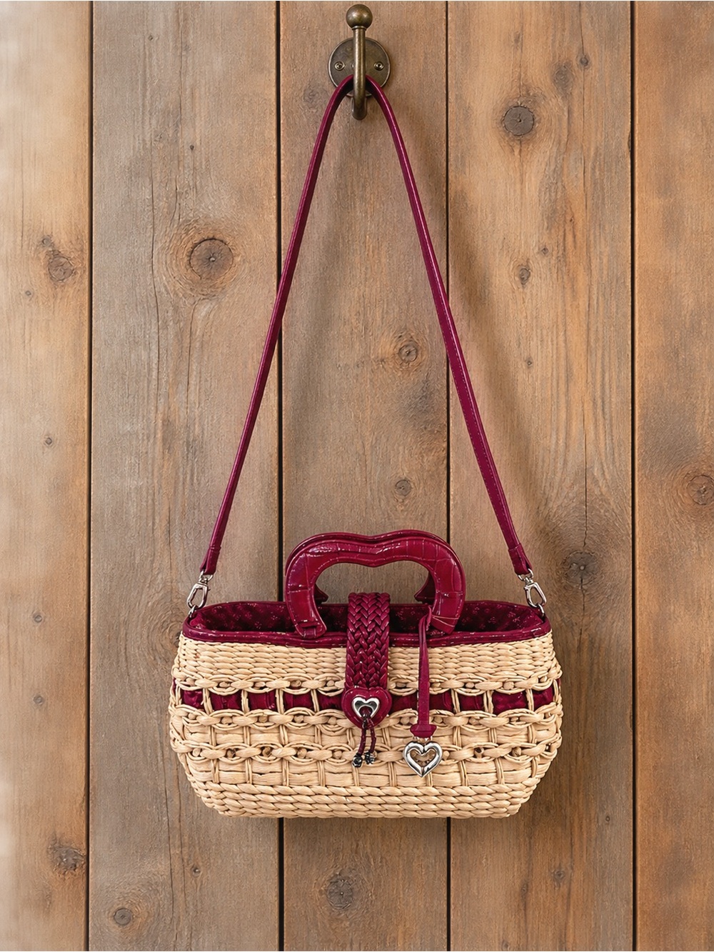 Woven Brighton Straw Shoulder Bag with Burgundy Trim and Heart Charm